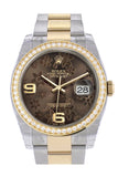Custom Diamond Bezel Rolex Datejust 36 Bronze floral motif Arab Dial Oyster Yellow Gold Two Tone Watch 116203