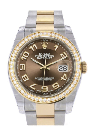 Custom Diamond Bezel Rolex Datejust 36 Bronze Arab Dial Oyster Yellow Gold Two Tone Watch 116203