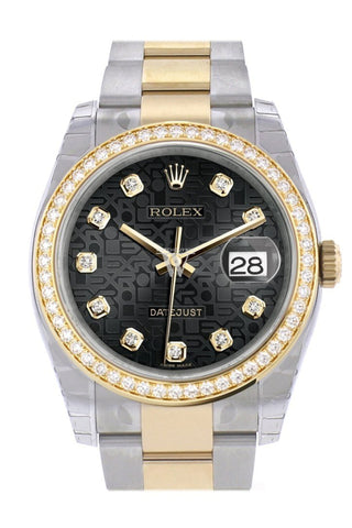 Custom Diamond Bezel Rolex Datejust 36 Black Jubilee Set With Diamonds Dial Oyster Yellow Gold Two