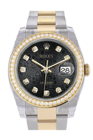 Custom Diamond Bezel Rolex Datejust 36 Black Jubilee Set With Diamonds Dial Oyster Yellow Gold Two