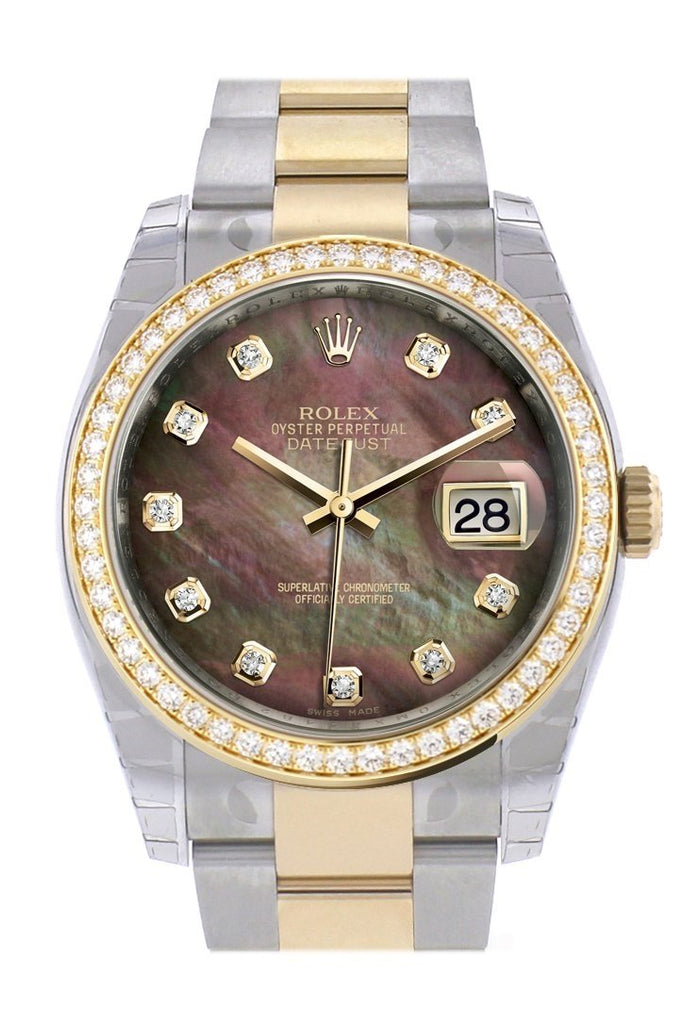 Custom Diamond Bezel Rolex Datejust 36 Black Mother-Of-Pearl Set With Diamonds Dial Oyster Yellow