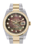 Custom Diamond Bezel Rolex Datejust 36 Black mother-of-pearl set with diamonds Dial Oyster Yellow Gold Two Tone Watch 116203 116233