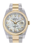 Custom Diamond Bezel Rolex Datejust 36 White mother-of-pearl set with diamond sDial Oyster Yellow Gold Two Tone Watch 116203