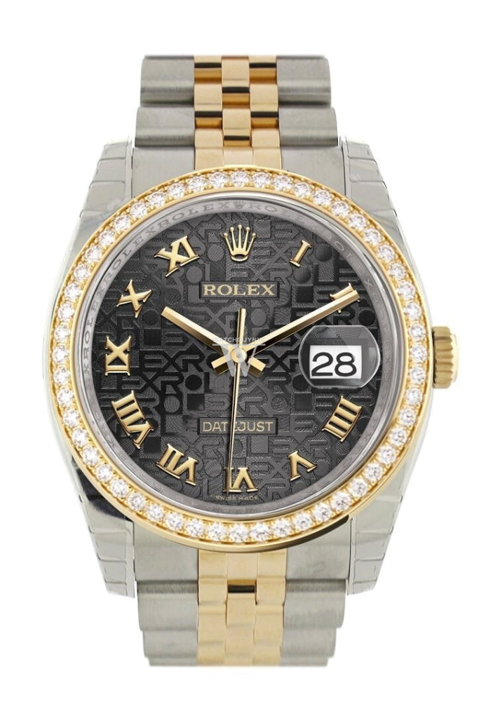 Custom Diamond Bezel Rolex Datejust 36 Black Jubile Roman Dial Jubilee Yellow Gold Two Tone Watch