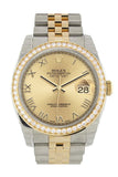Custom Diamond Bezel Rolex Datejust 36 Champagne Roman Dial Jubilee Yellow Gold Two Tone Watch 116203 116233