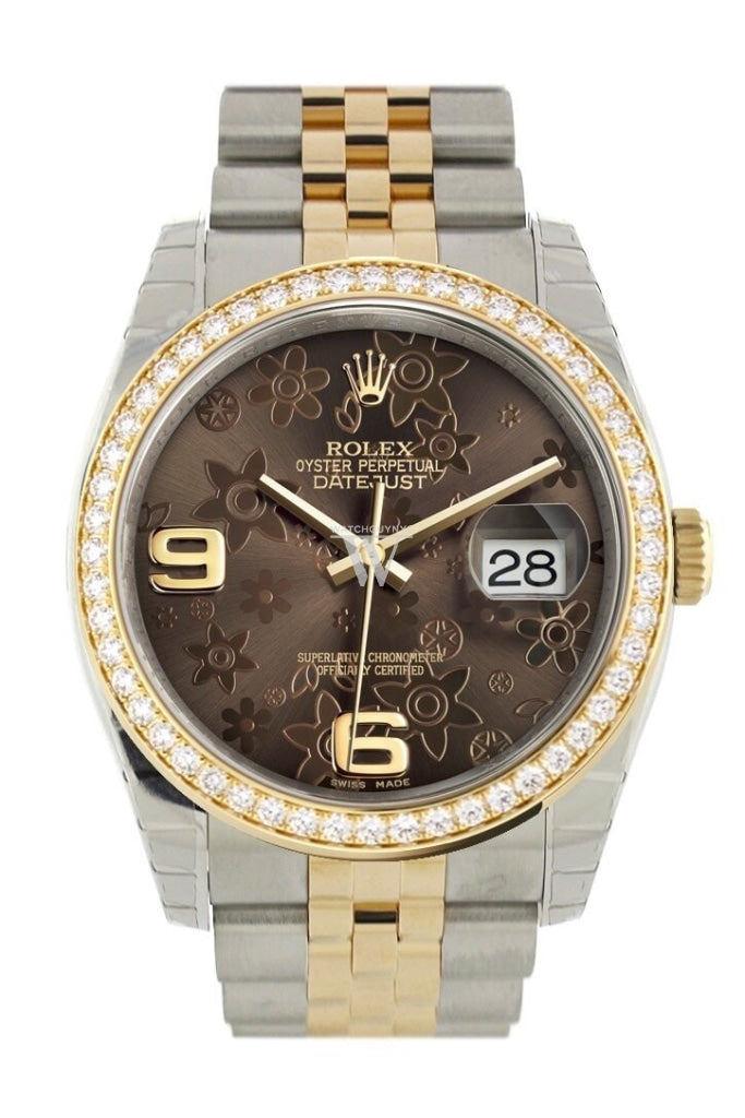 Custom Diamond Bezel Rolex Datejust 36 Bronze Floral Motif Arab Dial Jubilee Yellow Gold Two Tone