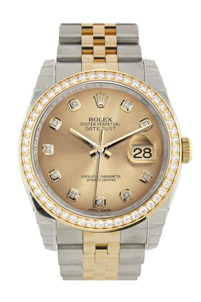 Custom Diamond Bezel Rolex Datejust 36 Champagne Set With Diamonds Dial Jubilee Yellow Gold Two Tone