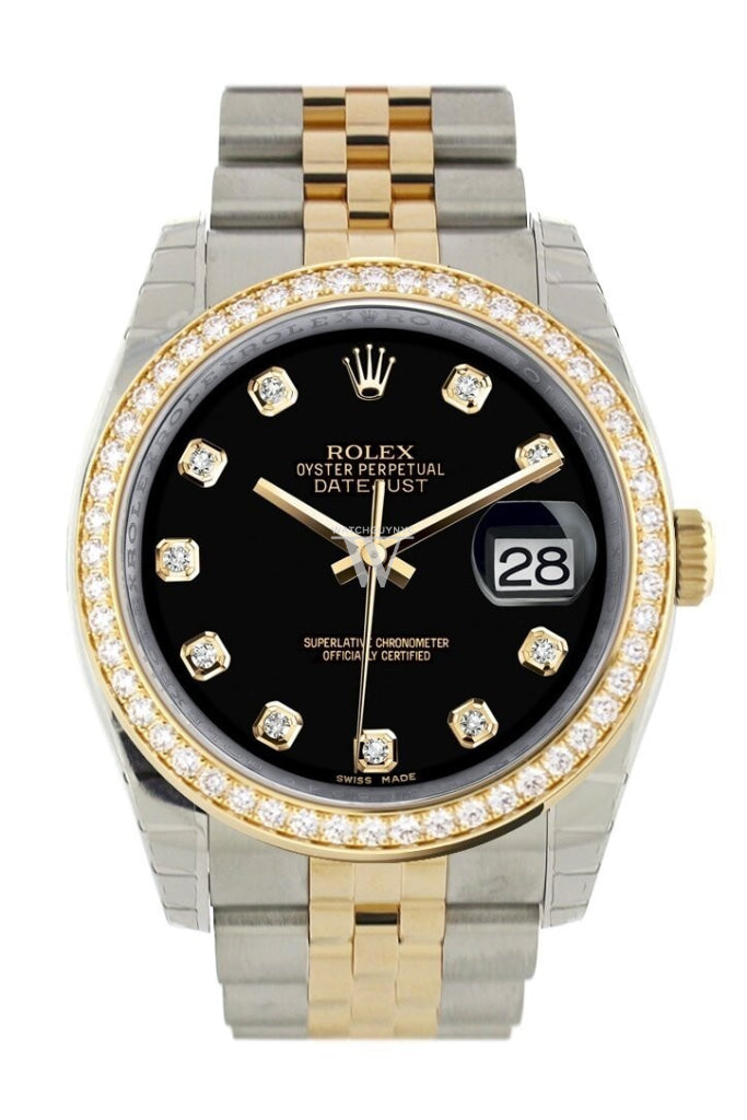 Custom Diamond Bezel Rolex Datejust 36 Black Set With Diamonds Dial Jubilee Yellow Gold Two Tone
