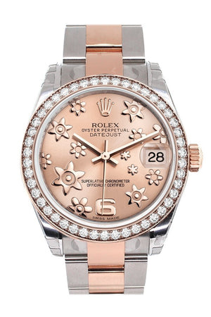 Custom Diamond Bezel Rolex Datejust 31 Pink Raised Floral Dial 18K Rose Gold Two Tone Ladies Watch