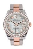 Custom Diamond Bezel Rolex Datejust 31 White Mother of Pearl Roman Dial 18K Rose Gold Two Tone Ladies Watch 178241