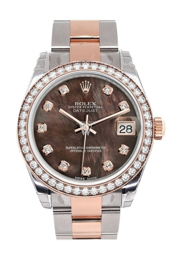Custom Diamond Bezel Rolex Datejust 31 Black Mother Of Pearl Dial 18K Rose Gold Two Tone Ladies