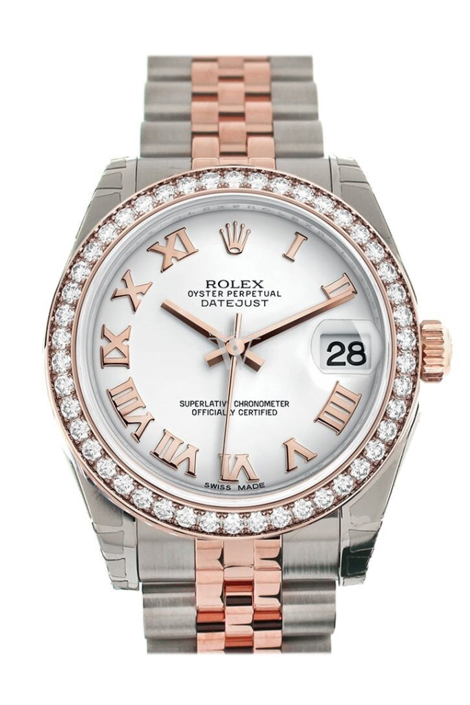 Custom Diamond Bezel Rolex Datejust 31 White Roman Dial 18K Rose Gold Two Tone Jubilee Ladies Watch