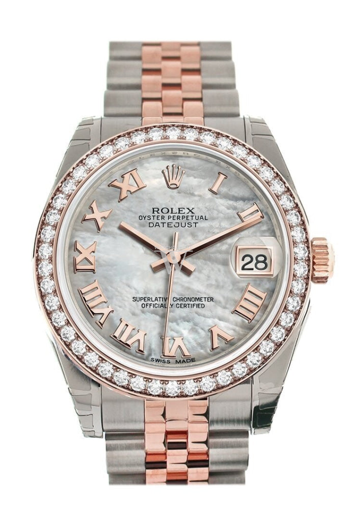 Custom Diamond Bezel Rolex Datejust 31 White Mother Of Pearl Roman Dial 18K Rose Gold Two Tone