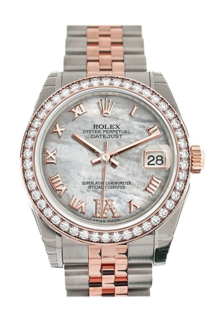 Custom Diamond Bezel Rolex Datejust 31 White Mother Of Pearl Roman Large Vi Set With Dial 18K Rose