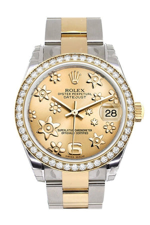 Custom Diamond Bezel Rolex Datejust 31 Champagne Floral Motif Roman Dial Ladies Watch Two Tone 18K