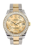 Custom Diamond Bezel Rolex Datejust 31 Champagne Floral Motif Roman Dial Ladies Watch Two Tone 18K Gold 178243