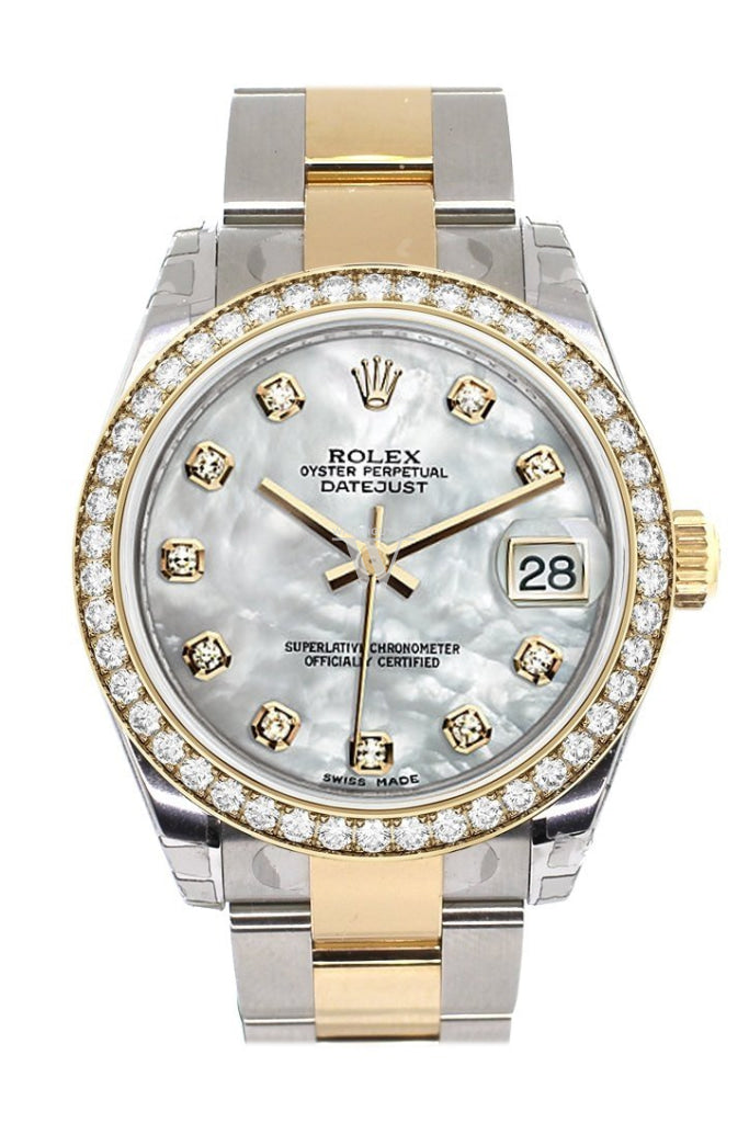 Custom Diamond Bezel Rolex Datejust 31 Mother Of Pearl Diamonds Dial Ladies Watch Two Tone 18K Gold