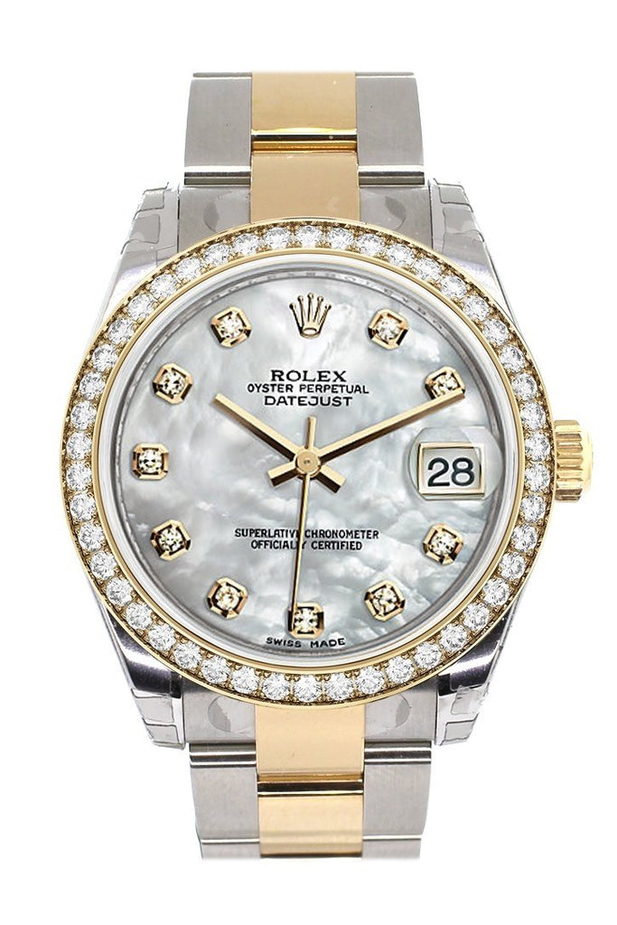 Custom Diamond Bezel Rolex Datejust 31 Mother Of Pearl Diamonds Dial Ladies Watch Two Tone 18K Gold