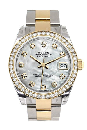 Custom Diamond Bezel Rolex Datejust 31 Mother Of Pearl Diamonds Dial Ladies Watch Two Tone 18K Gold