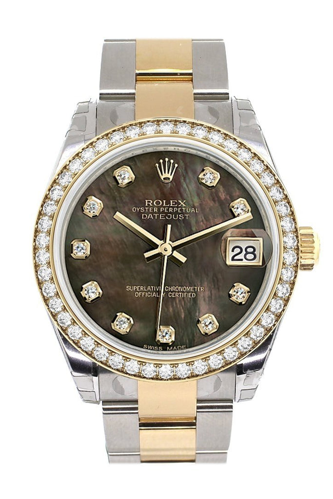 Custom Diamond Bezel Rolex Datejust 31 Black Mother Of Pearl Diamonds Dial Ladies Watch Two Tone 18K