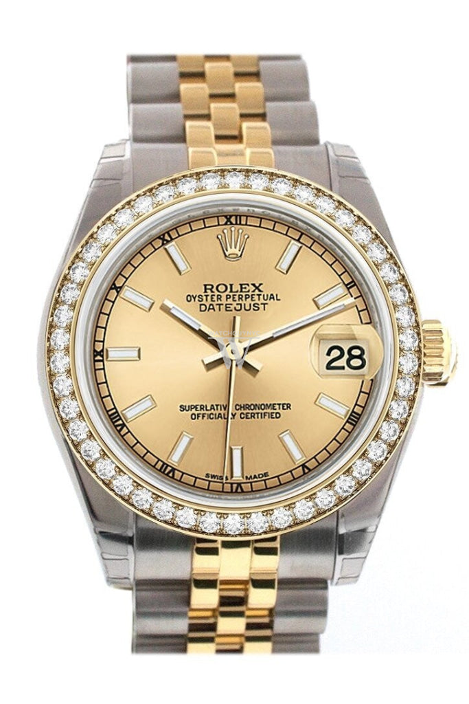 Custom Diamond Bezel Rolex Datejust 31 Champagne Dial 18K Yellow Gold And Steel Ladies Watch 178243