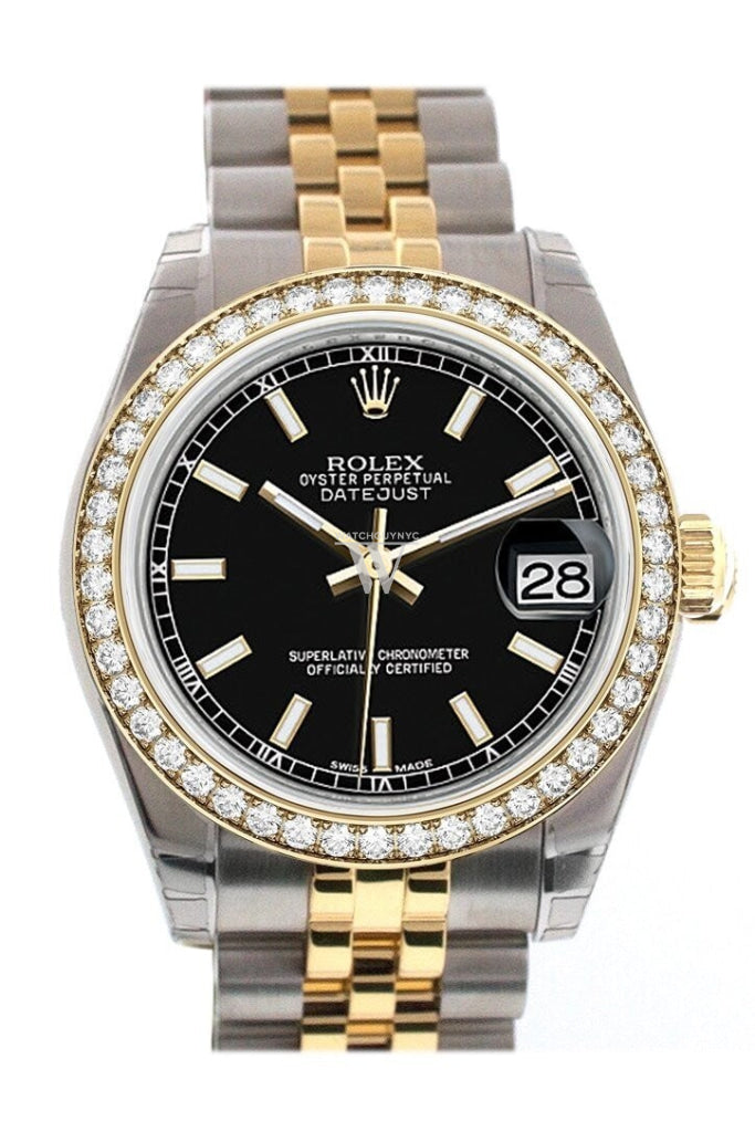 Custom Diamond Bezel Rolex Datejust 31 Black Dial Two Tone 18K Gold Jubilee Ladies Watch 178243