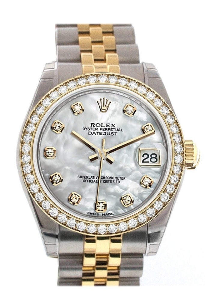 Custom Diamond Bezel Rolex Datejust 31 Mother Of Pearl Dial Two Tone 18K Gold Jubilee Ladies Watch