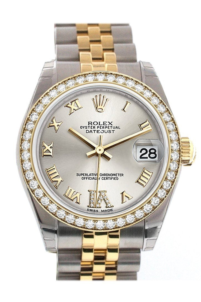 Custom Diamond Bezel Rolex Datejust 31 Silver Roman Large Vi Dial Two Tone 18K Gold Jubilee Ladies