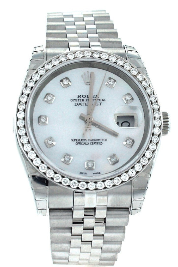 Rolex Custom Datejust 36 Mother Of Pearl Diamond Dial Bezel Mens Watch 116200 Watches