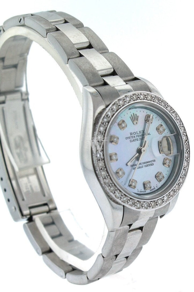 Rolex Custom Datejust 26 Blue Mother Of Pearl Diamond Dial Bezel Mens Watch 179160 Watches