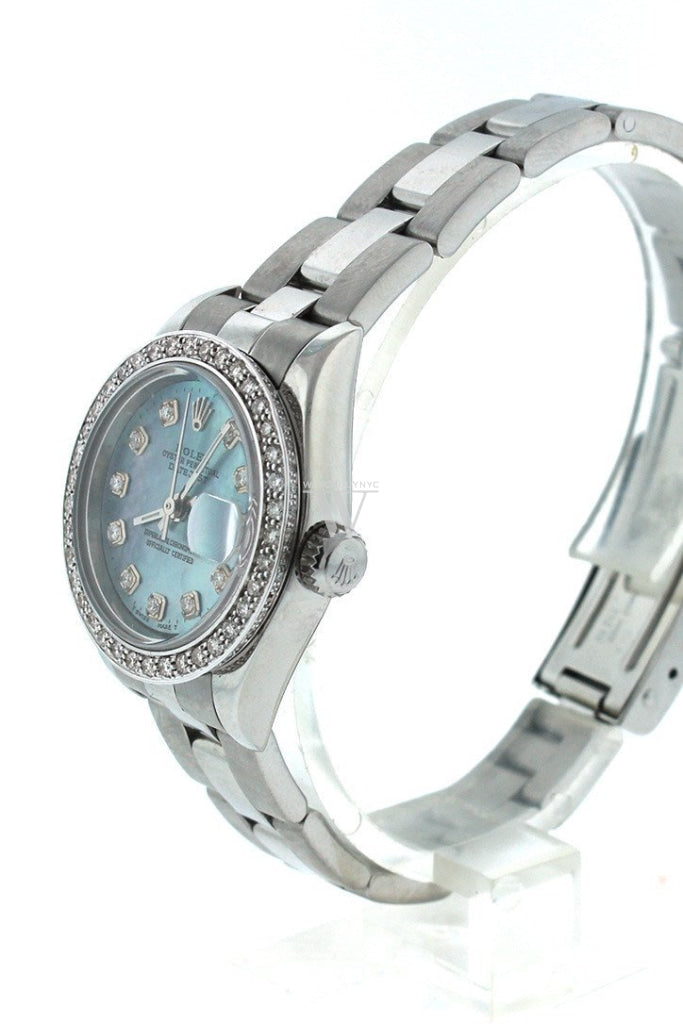 Rolex Custom Datejust 26 Blue Mother Of Pearl Diamond Dial Bezel Mens Watch 179160 Watches