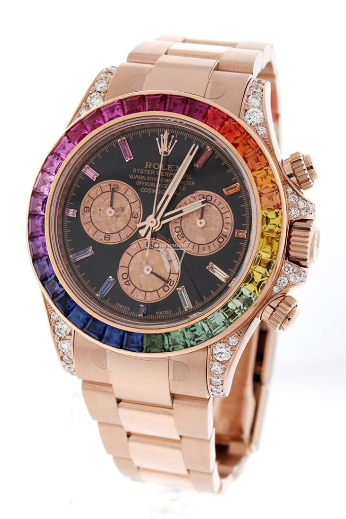 Custom Diamond Rolex Cosmograph Daytona Rainbow Colored Baguette Bezel Rose Gold Oyster Mens Watch