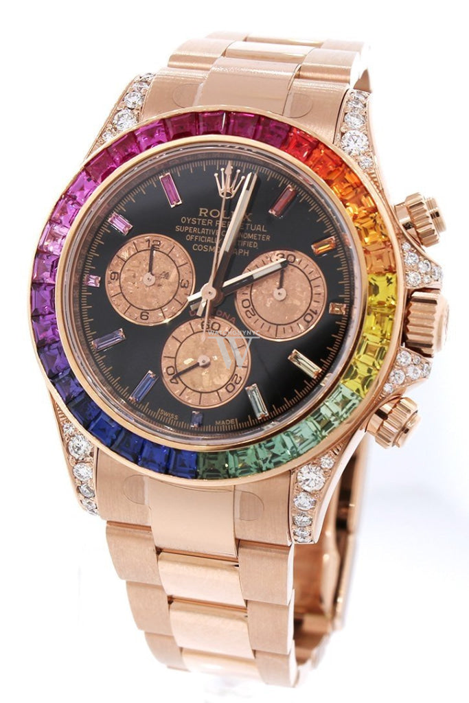 Custom Diamond Rolex Cosmograph Daytona Rainbow Colored Baguette Bezel Rose Gold Oyster Mens Watch