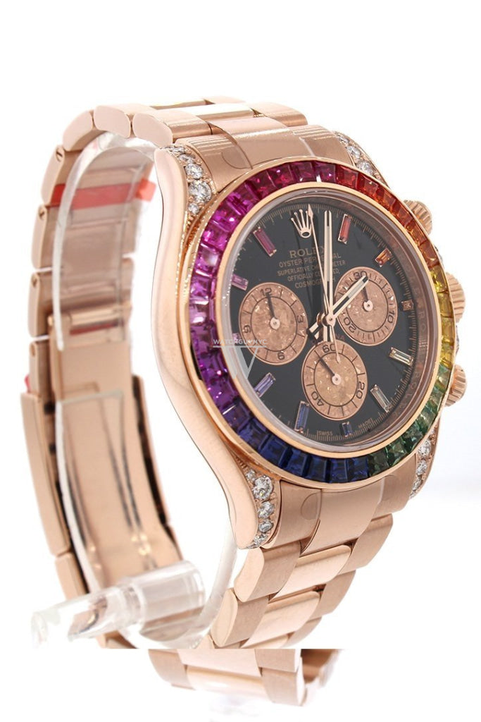 Custom Diamond Rolex Cosmograph Daytona Rainbow Colored Baguette Bezel Rose Gold Oyster Mens Watch