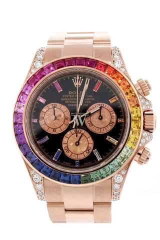 Custom Diamond Rolex Cosmograph Daytona Rainbow Colored Baguette Bezel Rose Gold Oyster Mens Watch