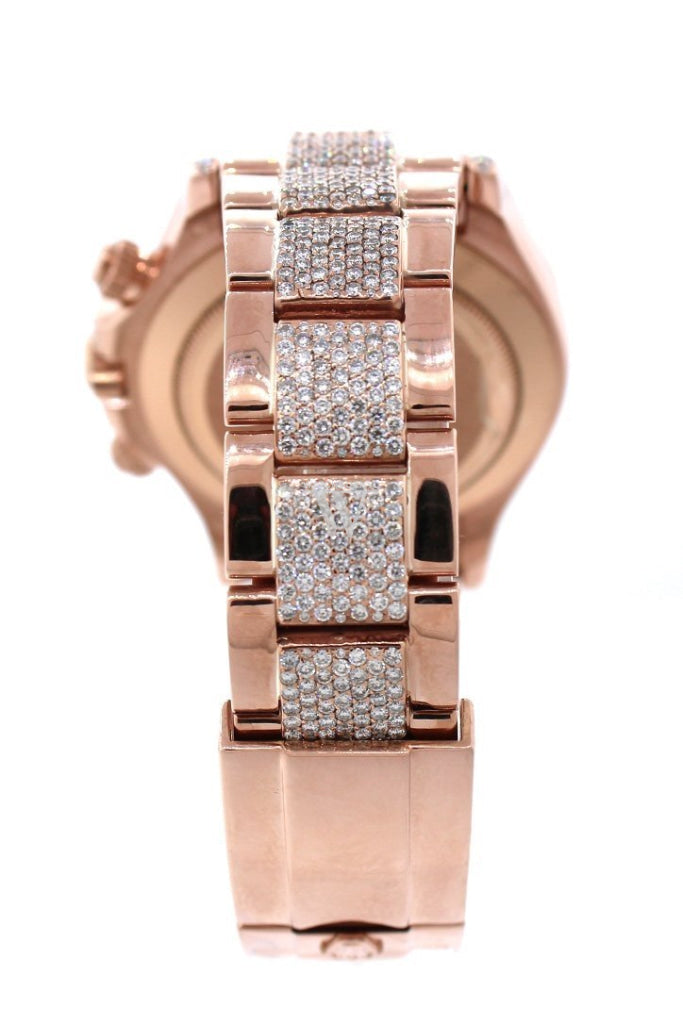 Custom Diamond Rolex Cosmograph Daytona Rainbow Colored Baguette Bezel Rose Gold Oyster Mens Watch