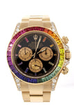 Custom Diamond Rolex Cosmograph Daytona Rainbow colored baguette Bezel Yellow Gold Oyster Men's Watch 116508