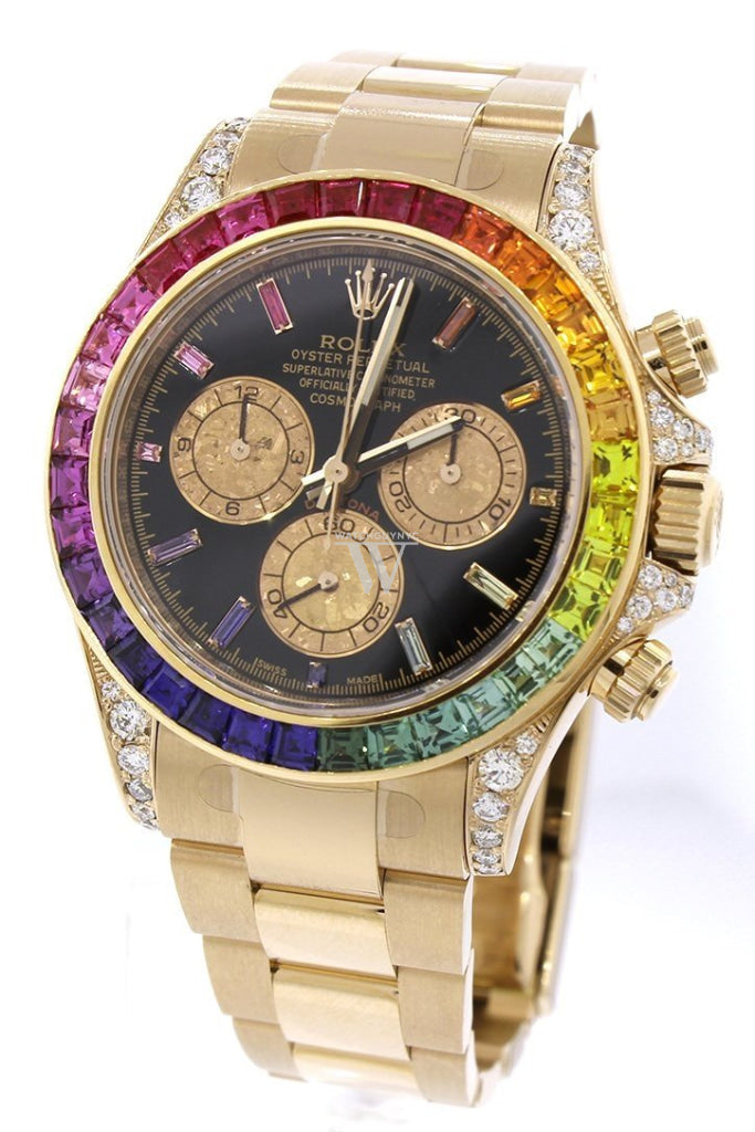 Custom Diamond Rolex Cosmograph Daytona Rainbow Colored Baguette Bezel Yellow Gold Oyster Mens Watch