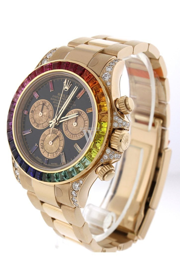 Custom Diamond Rolex Cosmograph Daytona Rainbow Colored Baguette Bezel Yellow Gold Oyster Mens Watch