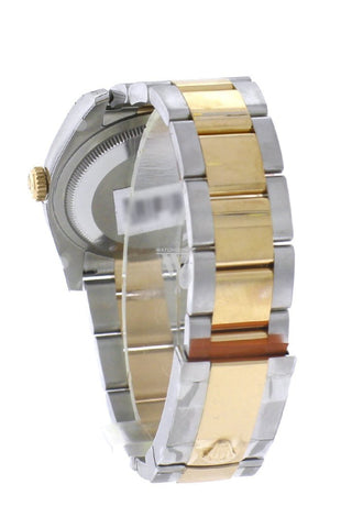 Custom Diamond Bezel Rolex Datejust 36 Black Jubile Roman Dial Oyster Yellow Gold Two Tone Watch