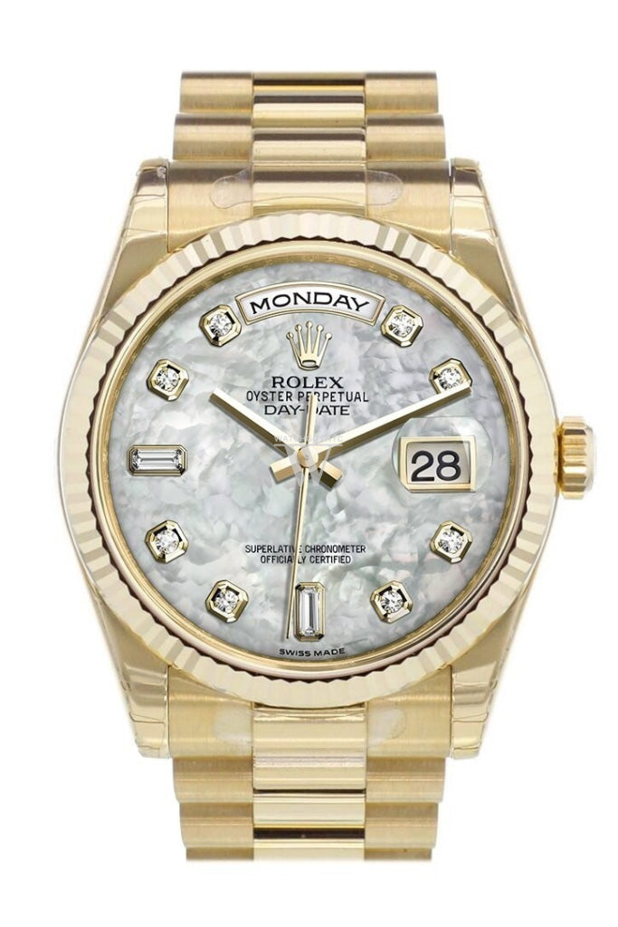 Rolex Day-Date 36 White Mother-Of-Pearl Diamonds Dial Fluted Bezel President Yellow Gold Watch