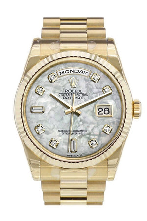 Rolex Day-Date 36 White Mother-Of-Pearl Diamonds Dial Fluted Bezel President Yellow Gold Watch