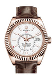 Rolex Sky Dweller White Dial 18k Rose Gold Brown Leather Strap Men's Watch 326135