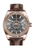 Rolex Sky Dweller Dark Rhodium Dial 18k Rose Gold Brown Leather Strap Men's Watch 326135