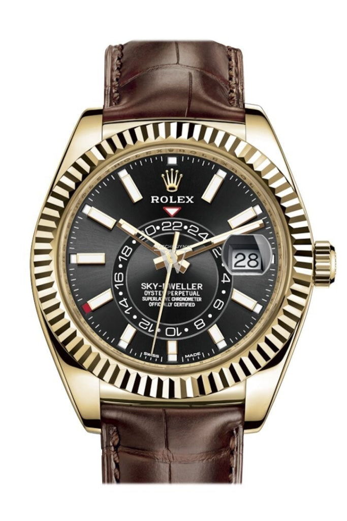 Rolex Sky Dweller Dark Rhodium Dial 18K Yellow Gold Brown Leather Strap Mens Watch 326138