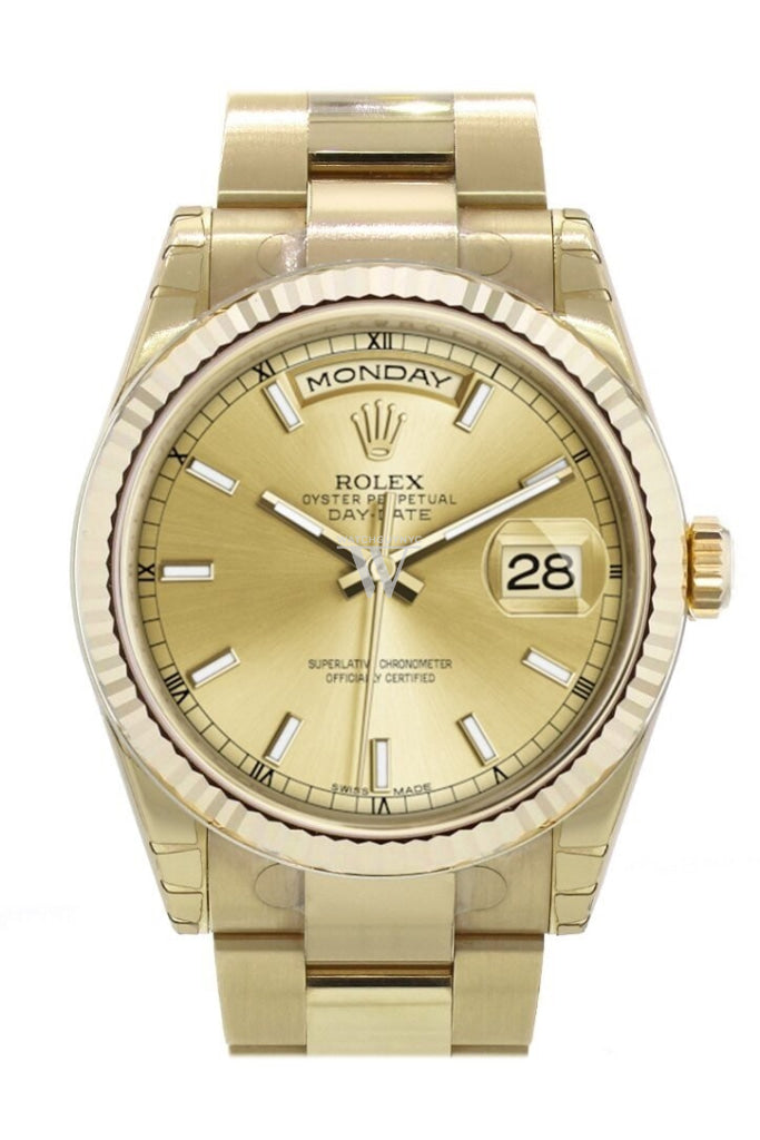 Rolex Day-Date 36 Champagne-Colour Dial Fluted Bezel Yellow Gold Watch 118238
