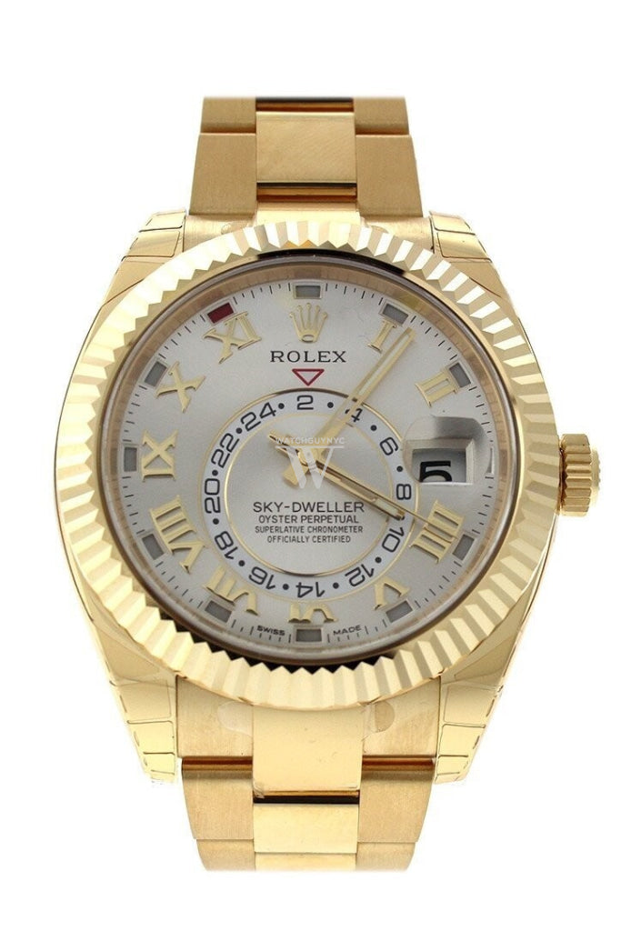 Rolex Sky-Dweller 42 Silver Roman Dial Yellow Gold Mens Watch 326938