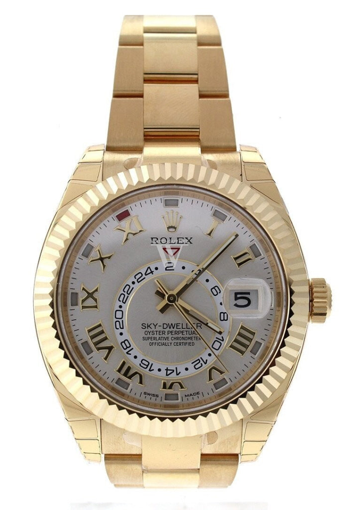 Rolex Sky-Dweller 42 Silver Roman Dial Yellow Gold Mens Watch 326938