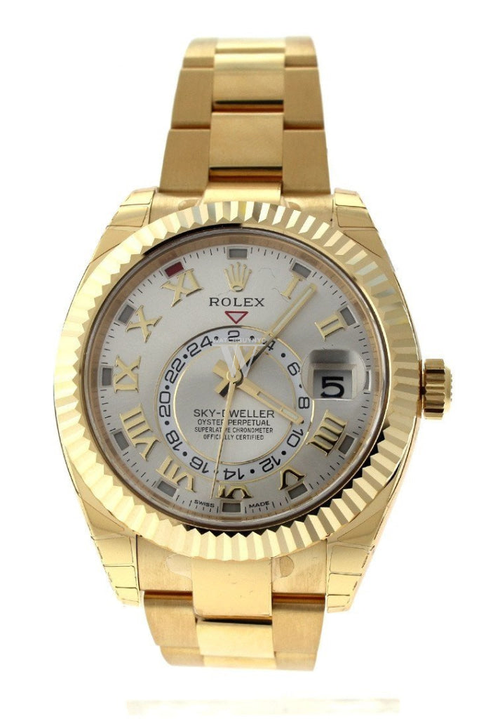 Rolex Sky-Dweller 42 Silver Roman Dial Yellow Gold Mens Watch 326938