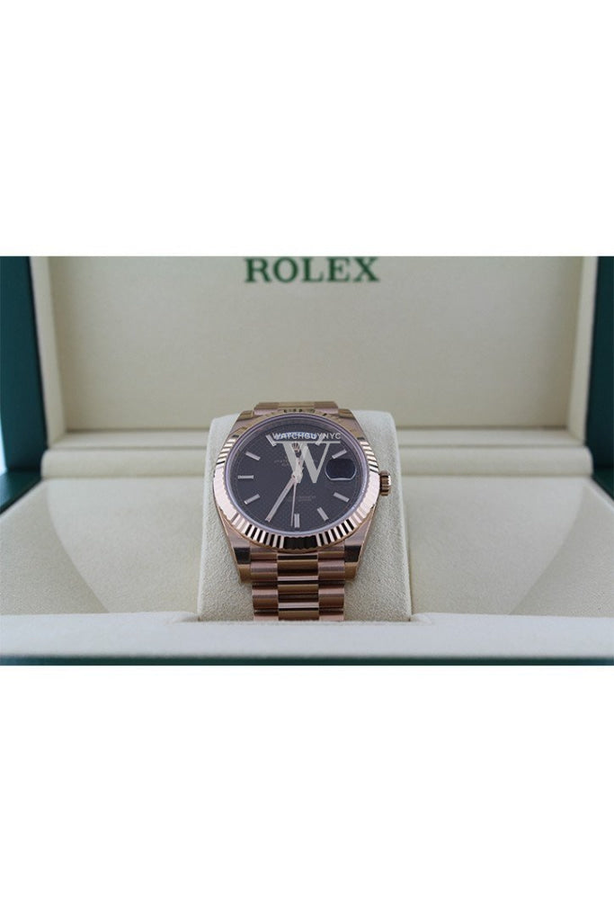 Rolex Day-Date 40 Chocolate Diagonal Motif Dial Fluted Bezel 18K Everose Gold President Automatic